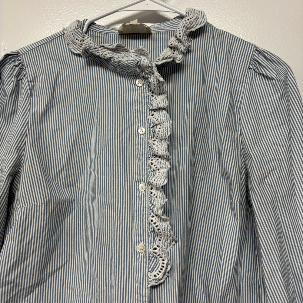 Sezane Striped Blue White Cotton Lace Chloe Blouse Size M/40 - Picture 3 of 6